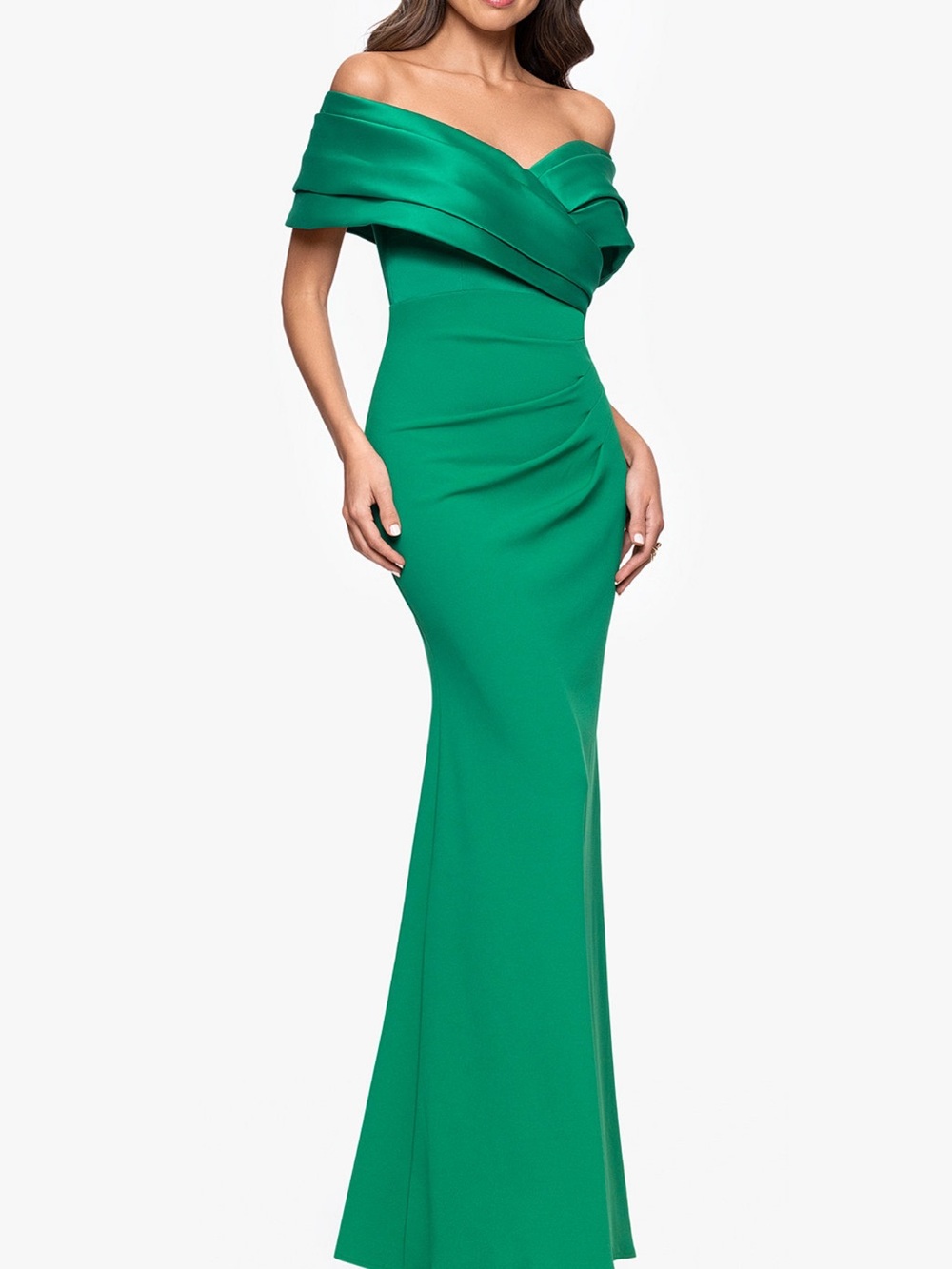 Betsy & Adam Off-Shoulder Emerald Green Column Gown - Picture 2 of 10